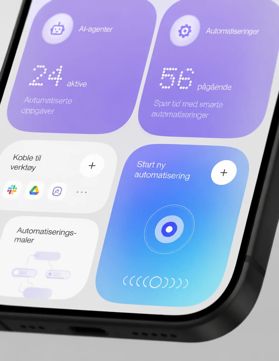 Nærbilde av et mobilt Tigon-grensesnitt for AI-agenter og automatiserte arbeidsflyter.