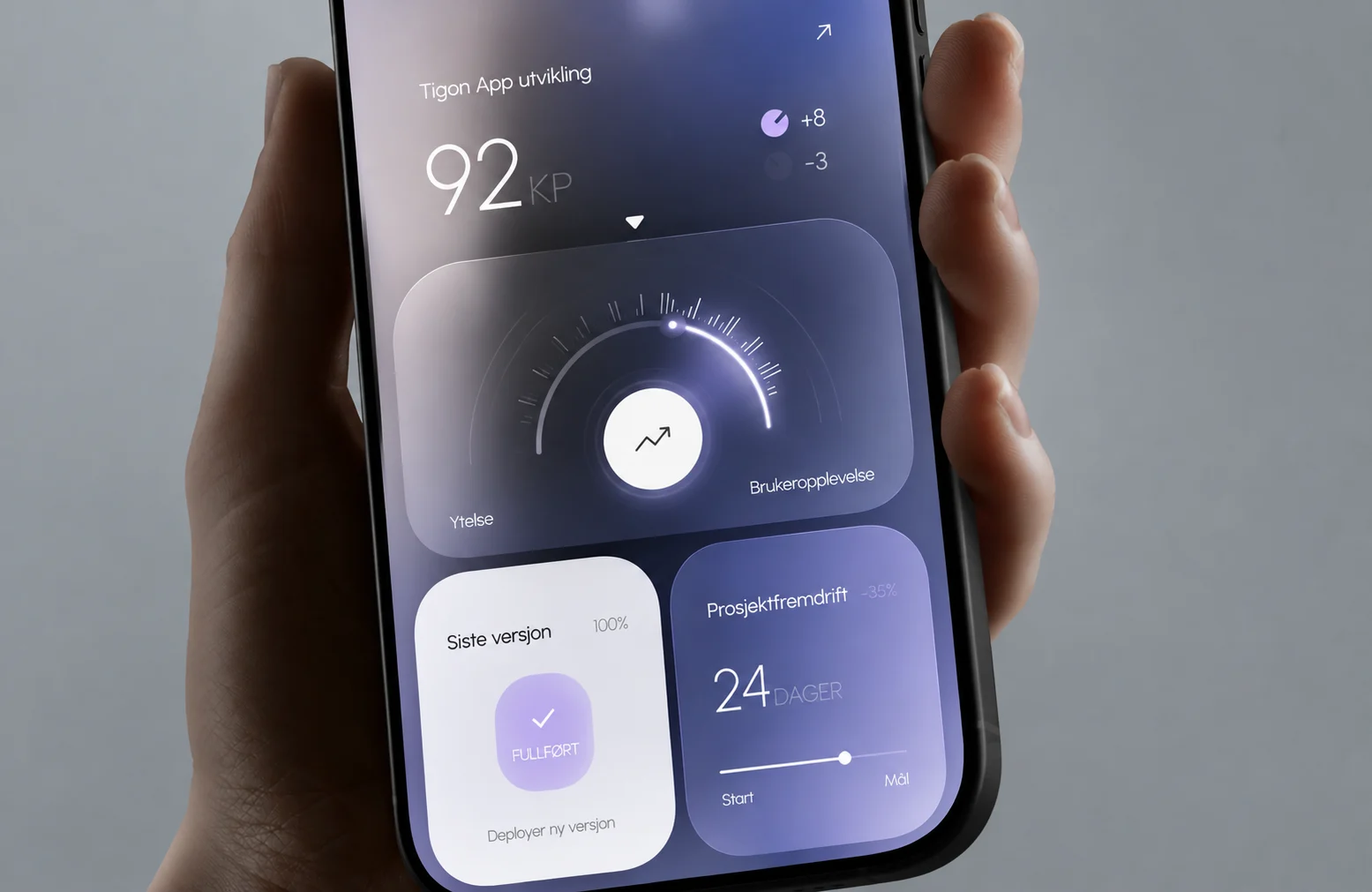 Hånd holder en mobil med futuristisk dashboard for fremdrift, kvalitet og lansering