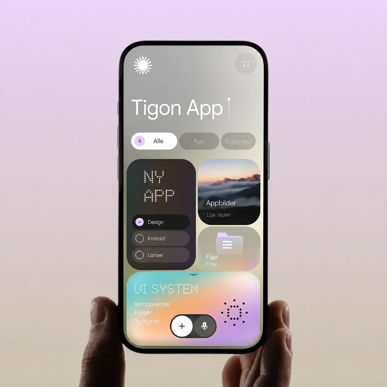 Pastellfarget mobilgrensesnitt med UI-system, komponenter og ny app