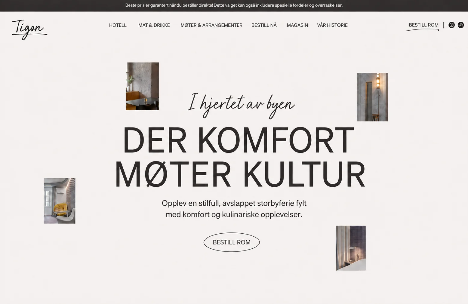 Lys skandinavisk hotellside med typografisk åpning, bestillingsknapp og interiørbilder