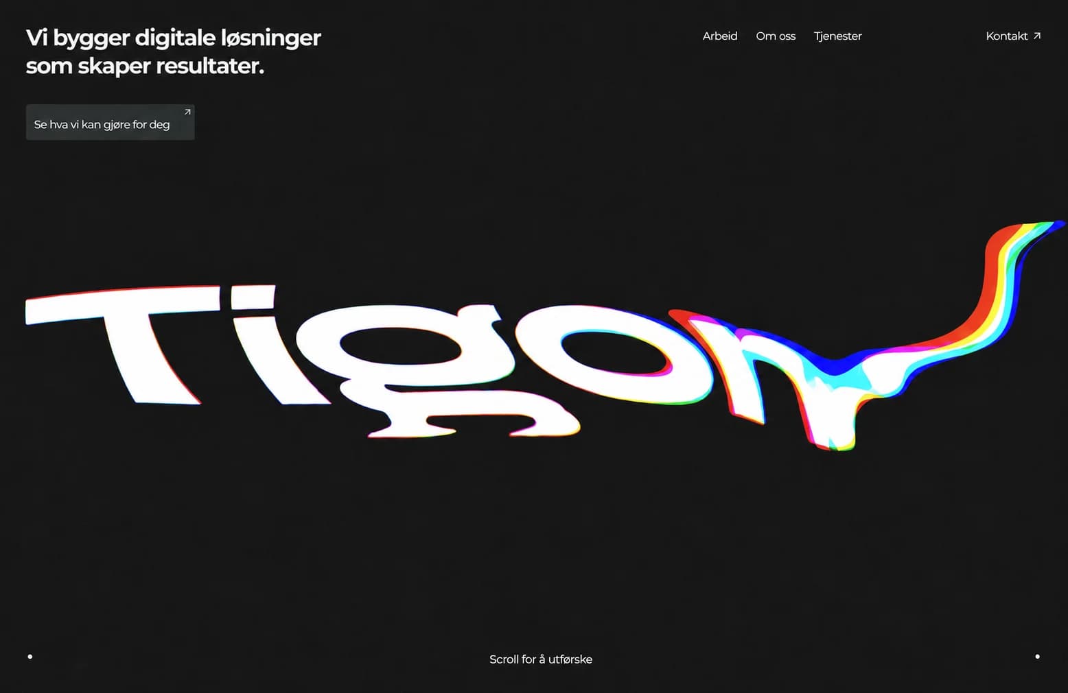 Mørk nettside med en stor prismatisk Tigon-logo som visuelt midtpunkt