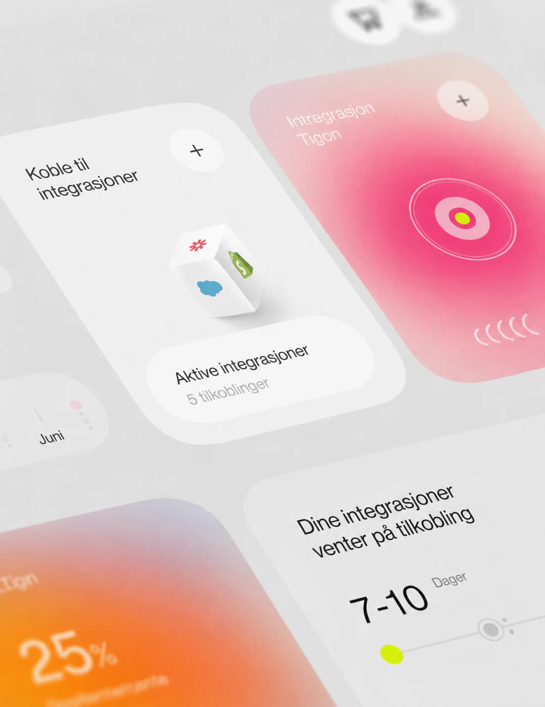 Tigon-konsept for et integrasjonsdashboard med fargerike kort
