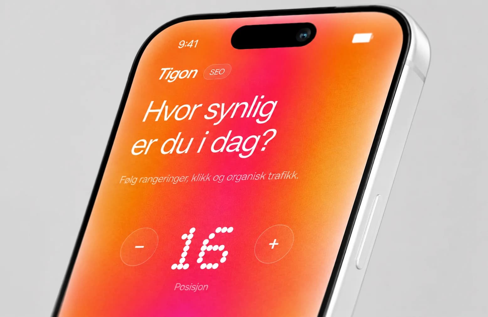 Smarttelefon med Tigon-dashboard for SEO, synlighet og søkeord