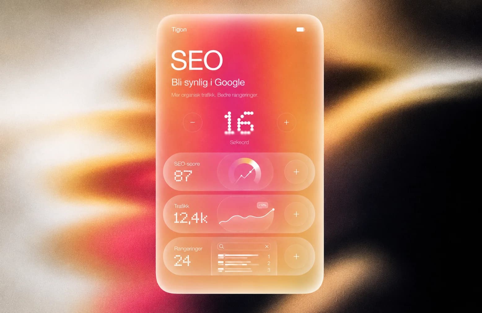 Glassaktig SEO-oversikt med søkeord, trafikk og rangeringer