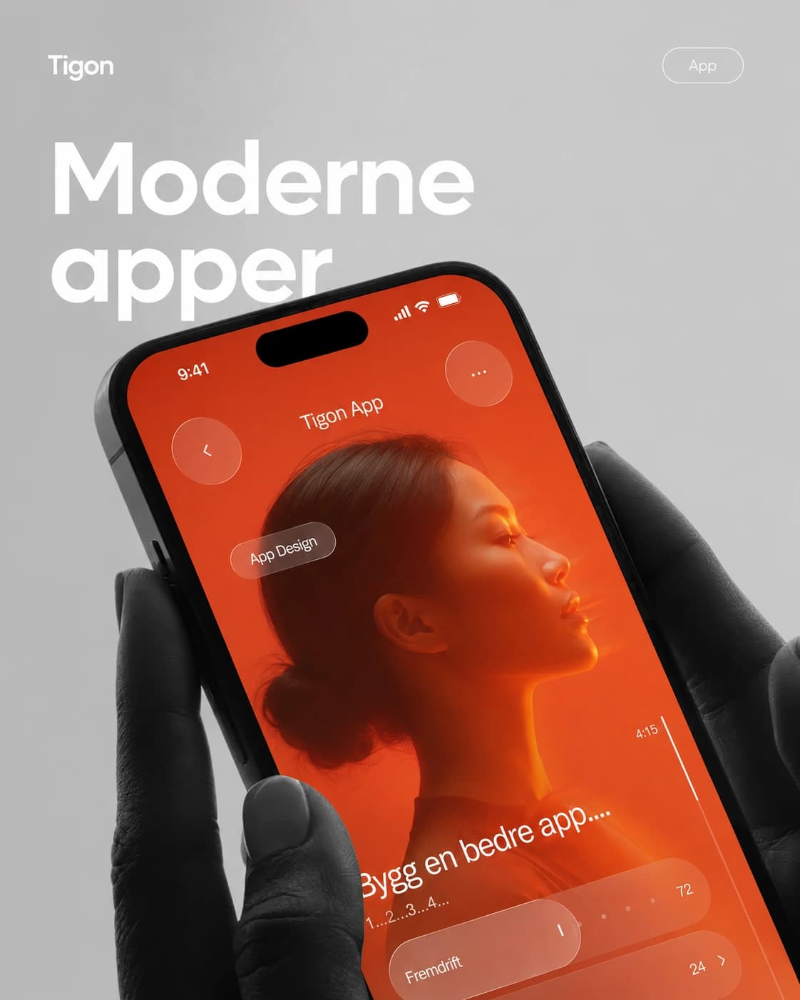 Hånd holder en telefon med en oransje Tigon-app under teksten Moderne apper