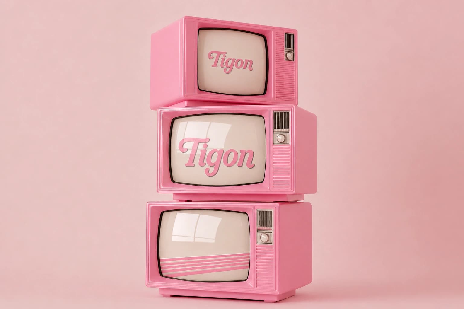 Tre rosa retro-TV-er med Tigon-navnet på de to øverste skjermene