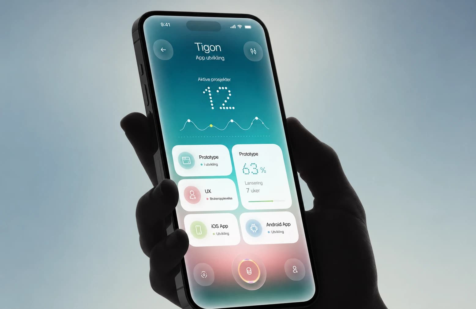 Pastellfarget Tigon-app med prosjektstatus og neste milepæl