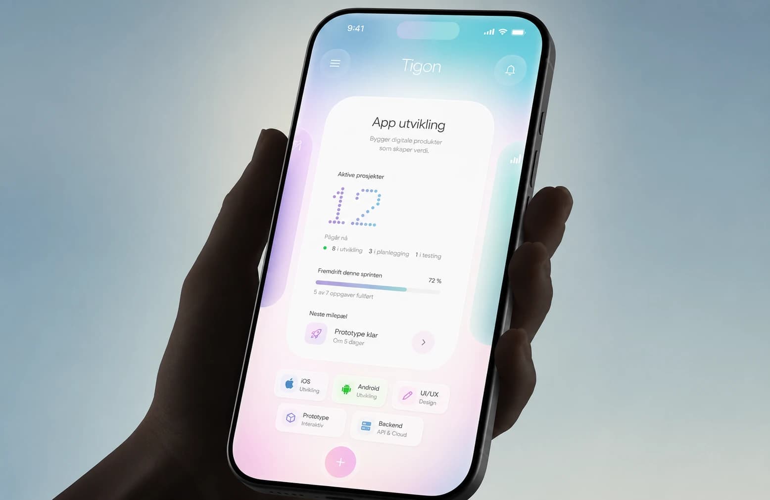 Pastellfarget Tigon-app med prosjektstatus og neste milepæl