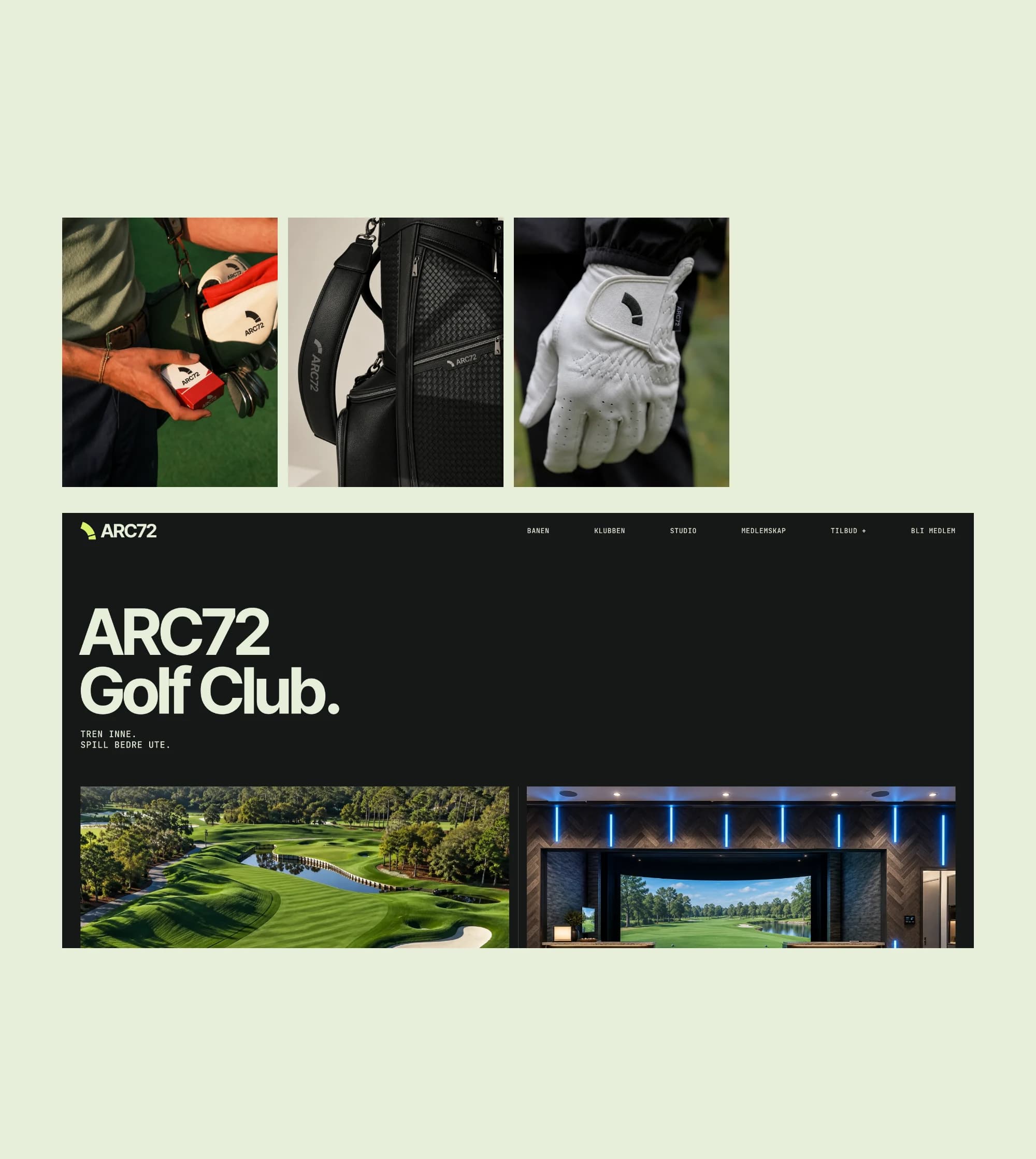 ARC72 Golf Club: golfbag, hanske og ballpakke med ARC72-symbolet, og nettsiden «ARC72 Golf Club.» på offwhite og grafitt.