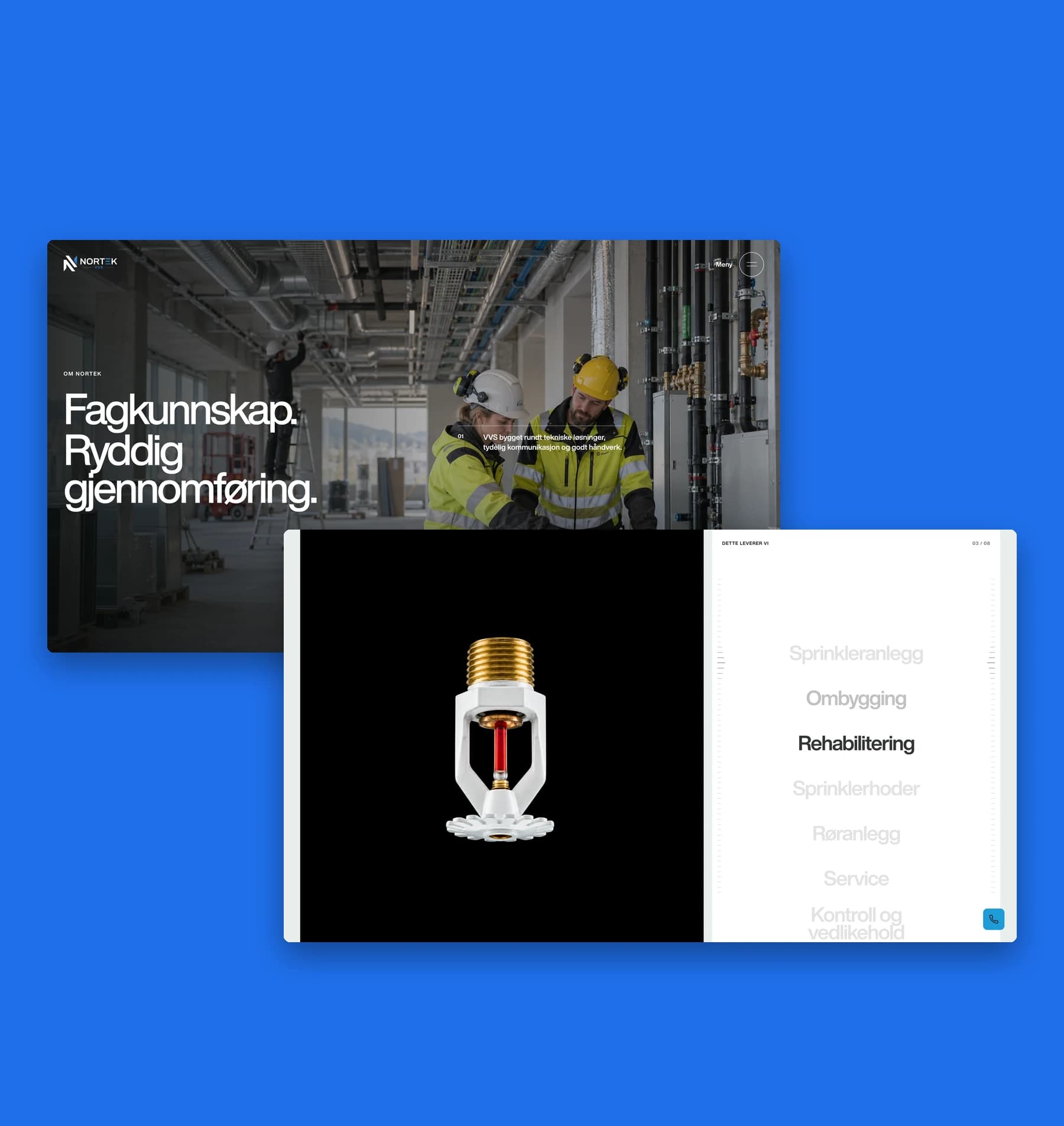 Nortek VVS-nettsiden vist på to skjermer mot en blå flate