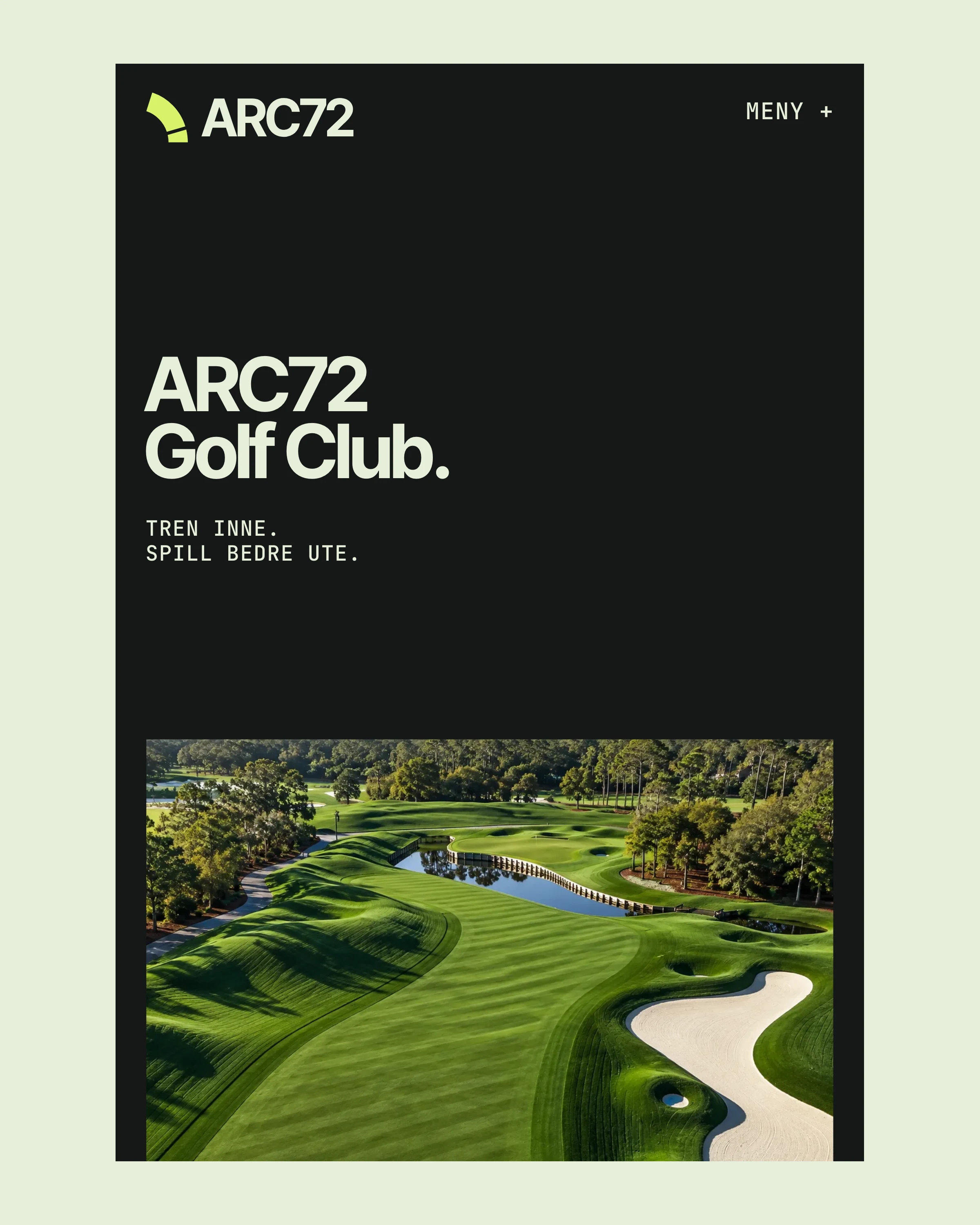 ARC72 mobilforside med «ARC72 Golf Club.» og starten på golfbanebildet.