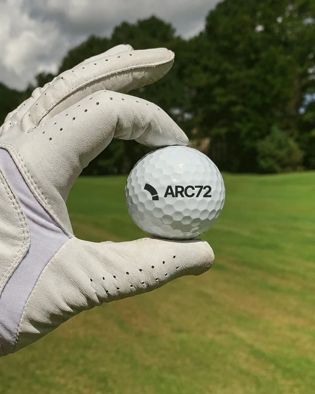 Hånd i hvit golfhanske som holder en golfball med ARC72-merket.