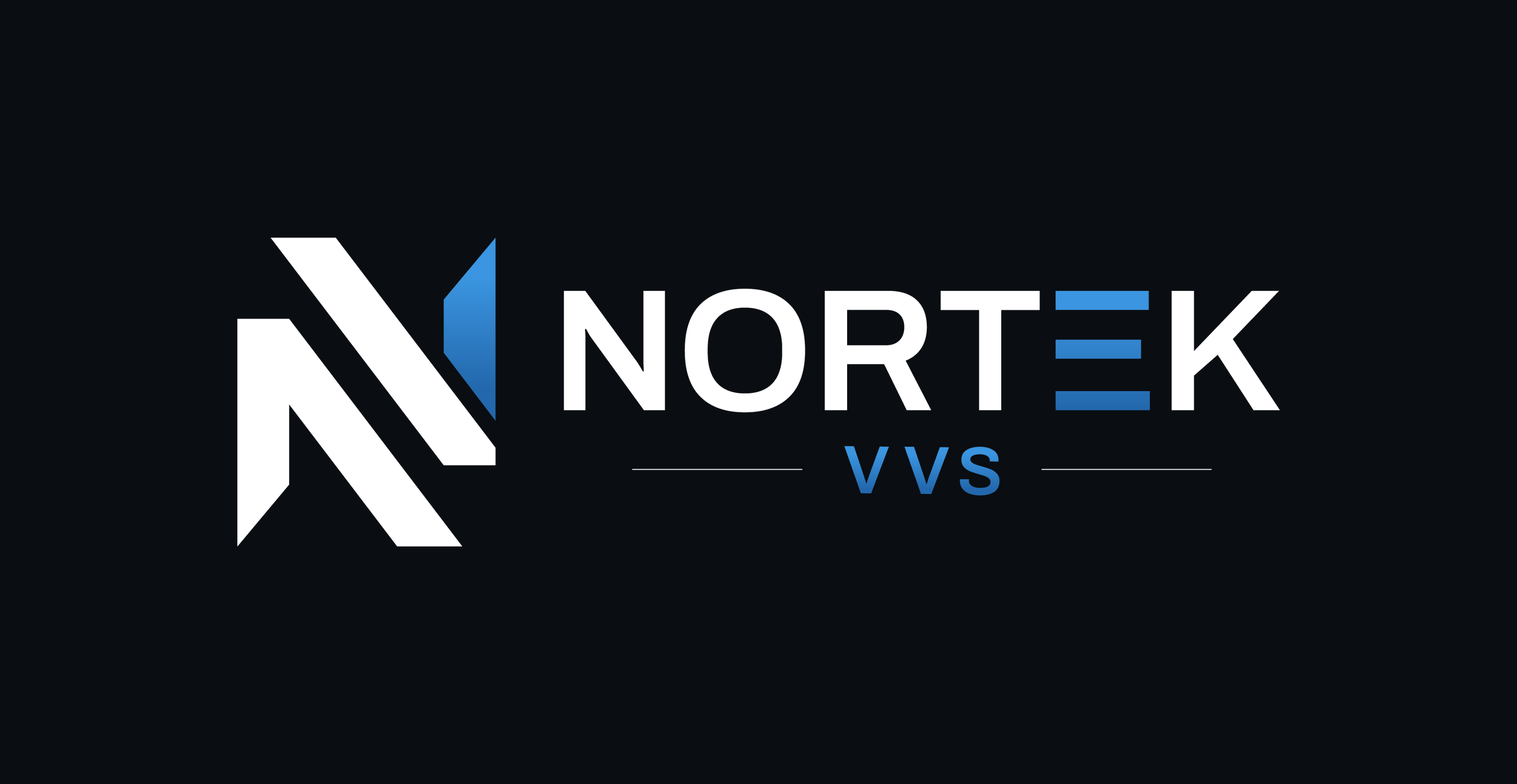 Nortek VVS-logo i hvitt og blått på sort bakgrunn
