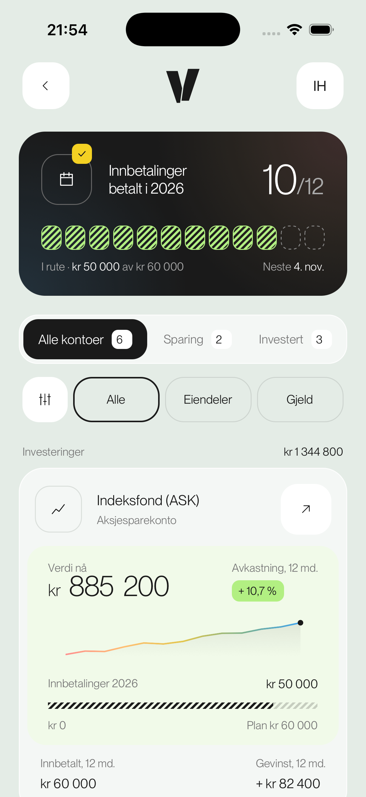 Faktisk norsk iOS-simulatorcapture av Kontoer, med 10/12 innbetalinger og ASK-kontoen utvidet.