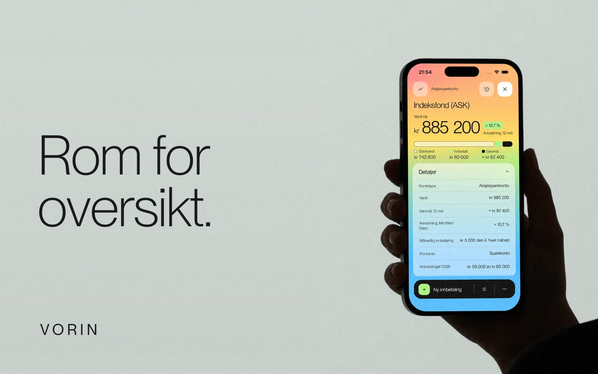 VORIN Editorial Hero: Rom for oversikt og den norske ASK-skjermen i en håndholdt komposisjon.