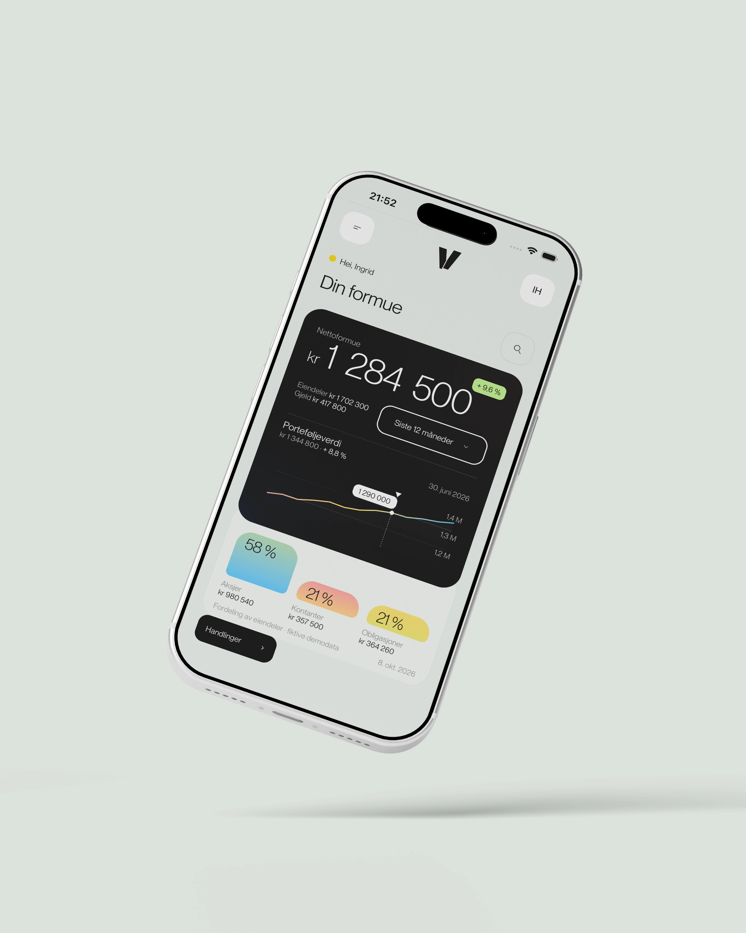 Norsk VORIN Dashboard i den eksisterende mint-komposisjonen: nettoformue, porteføljegraf og fordeling av eiendeler.